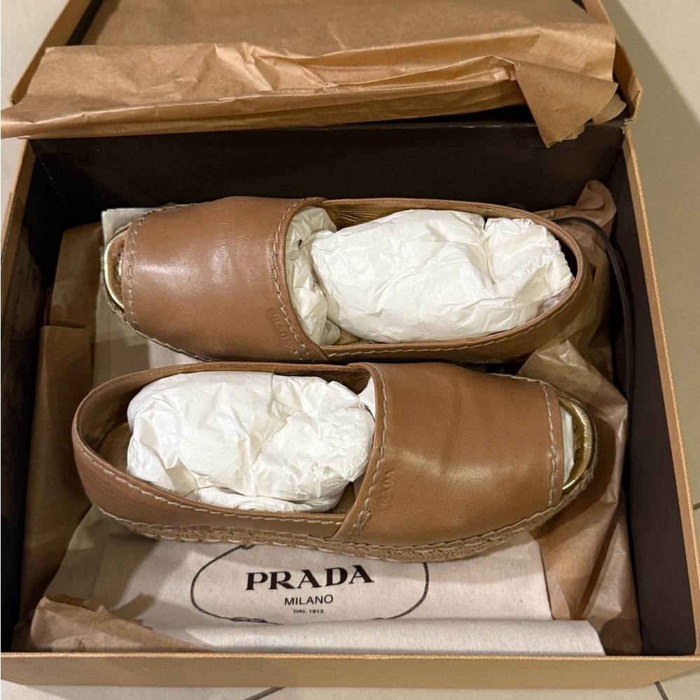 Prada Tan Leather Slip-On Shoes. Size 37.